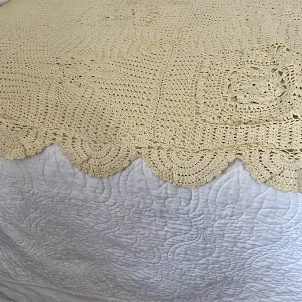 Crochet Style Cotton Granny Square Bedspread 83x83 Ivory Textured Cottagecore